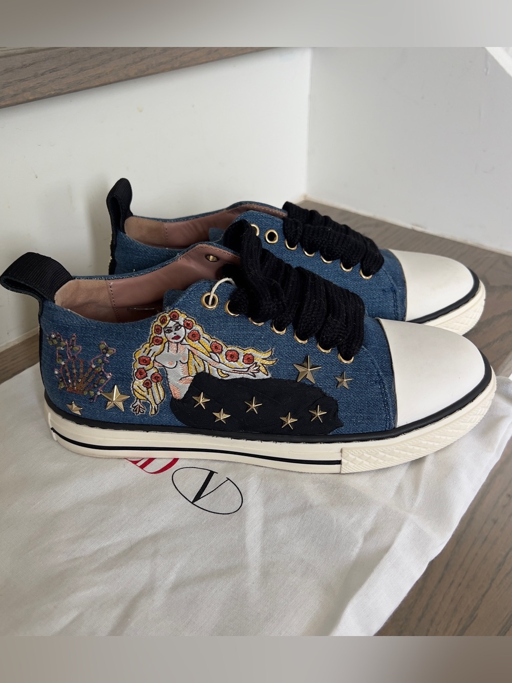 Red Valentino Fabric Embroidered Mermaid Sneakers - Blue - NWOT